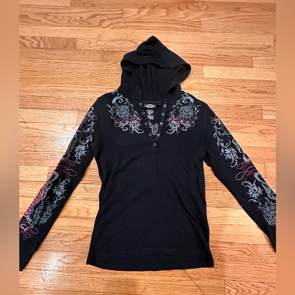 Harley Davidson Hooded Long Sleeve w/Snap Button V-Neck